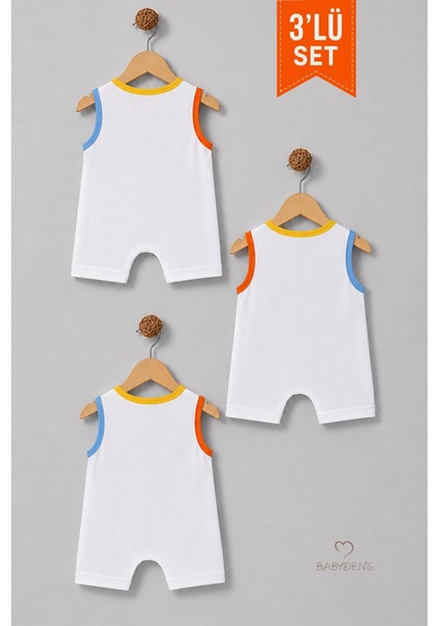 Babyden's Erkek Bebek Şortlu Tulum 3'lü Set % 100 Pamuklu Kolsuz Çıtçıtlı Yazlık Safari Baskılı Yenidoğan Bebek Tulumu Çok Renkli
