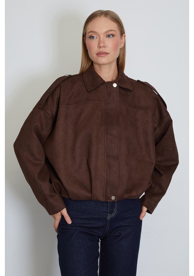 Fullamoda Fermuarlı Polo Yaka Süet Bomber Ceket Kahve
