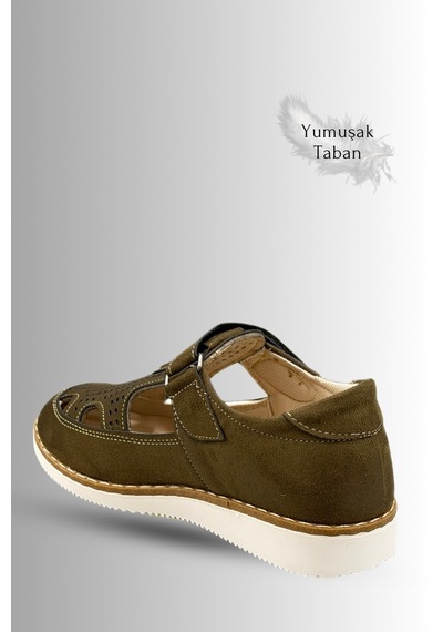 Sermoda Çocuk Sandalet - Cırtlı Süet Yumuşak Taban Erkek Çocuk Sandalet Haki