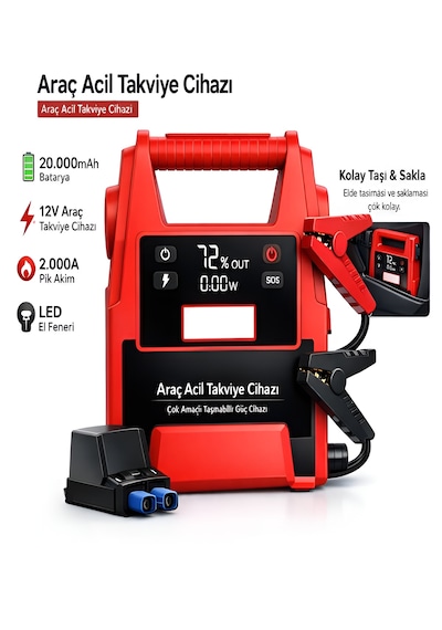 20000mah 12v Araç Akü Takviye Cihazı 2000a Tepe Akım Lcd Ekranlı Çift Voltaj Jump Starter Powerbank