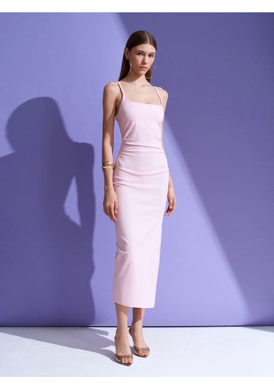 Dilvin 91712 Kare Yaka Büzgülü Midi Elbise-toz Pembe
