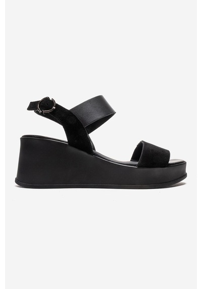 Luvishoes Lolanthe Siyah Cilt Siyah Süet Hakiki Deri Kadın Dolgu Topuklu Sandalet