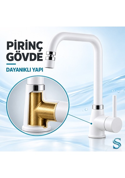 Sardıcı Beyaz Mutfak Evye Bataryası Pirinç Gövde Çift Su Girişli