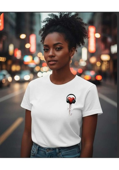Kalp Kulaklık Baskılı Sevgililer Günü Pamuklu Kadın T-shirt Beyaz