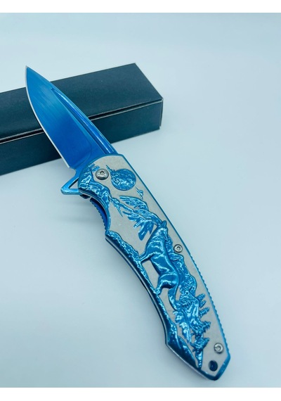 Tobaccotürk724 Kurt Kabartmalı Kamp Bıçak Yarıoto Mavi Metal 20cm Kamp Çakı//ystl2916bl Mavi