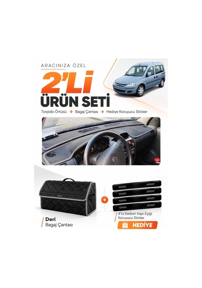 E-biz Opel Combo C 2001-2011 Uyumlu Torpido Örtüsü + Deri Bagaj Çantası Seti - Siyah-gri - Op007