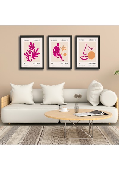 Henri Matisse 3'lü Alüminyum Çerçeveli Poster Seti - Önden Açılır A3 Açılır Kapanır Çerçeve Seti Fuşya Pembe Soyut Figürler, Siyah