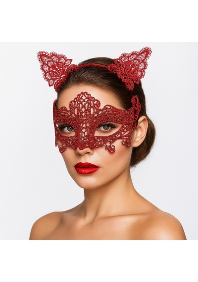 Romantik Kırmızı Dantel Maske Seti Kedi Kulaklı Taç Ve Maske No 3