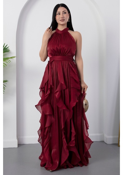 Kalopya Halter Yaka Eteği Fırfırlı Saten Elbise Eli6073 Bordo