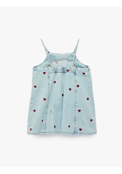 Koton Kare Yaka Kalp Desenli Askılı Denim Jile Elbise Lıght Indıgo 6smg80003ad Açık Mavi