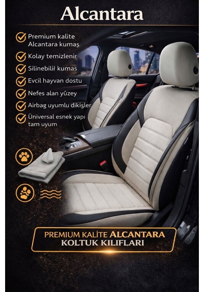 Alcantara Serisi Lüks Üniversal Oto Koltuk Kılıfı - 5 Kotuk Tam Set Bej