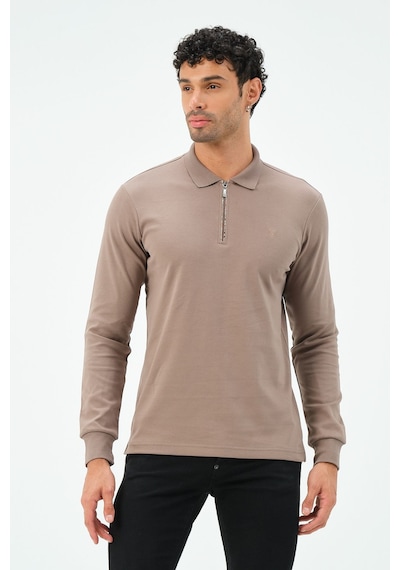 Fermuarlı Uzun Kollu Regular Fit Erkek Polo Yaka T-shirt Vizon