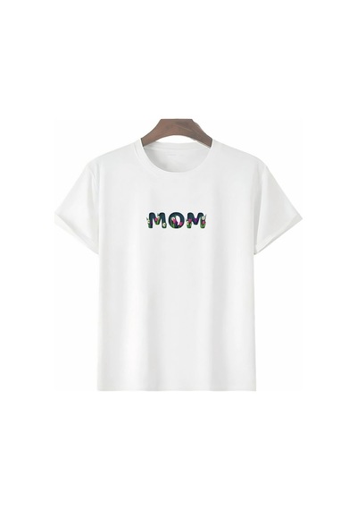 Mevese Sevgi Anneler Günü Hediye Mom Çiçek Baskılı Oversize Bisiklet Yaka T-shirt - Beyaz