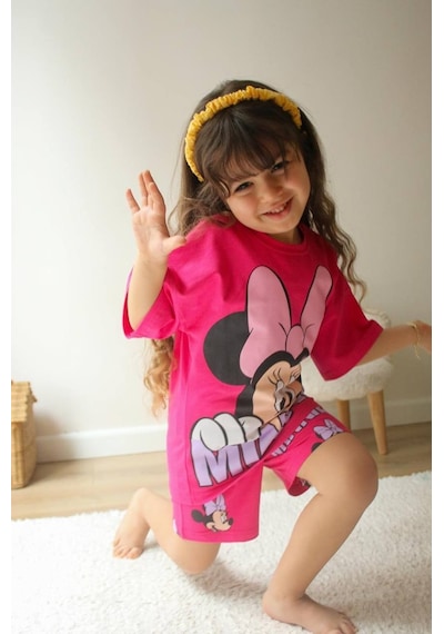 Miniko Kids Kız Çocuk Karakter Modelli Baskılı Şortlu Pamuk Takım Pembe