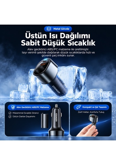 Essager 120w Süper Hızlı Araç Şarj Cihazı 35w Type-c + 30w Usb Hızlı Şarj Ve 85w Çakmaklık Çoklayıcı