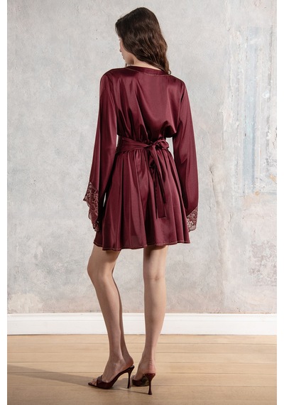 Brigette Bordo Altın Detaylı Dantel Detaylı Kısa Saten Sabahlık / Kimono