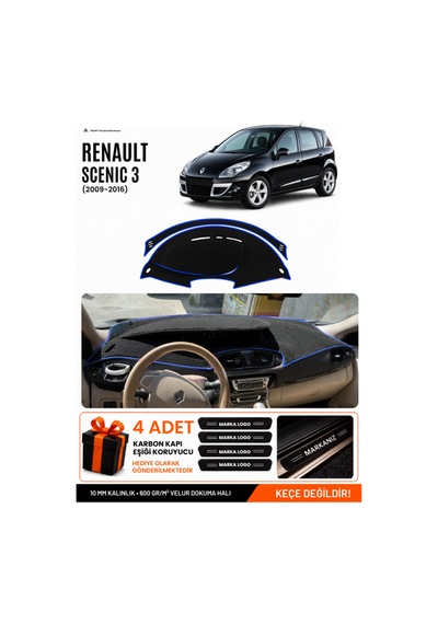 Renault Scenıc 3 2009-2016 Uyumlu Torpido Örtüsü, Torpido Kılıfı - Siyah-mavi - Re045