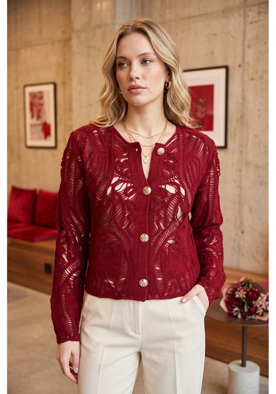 Sayzen Your Shine Dantel Desenli Gold Düğmeli Basic Ceket Bordo
