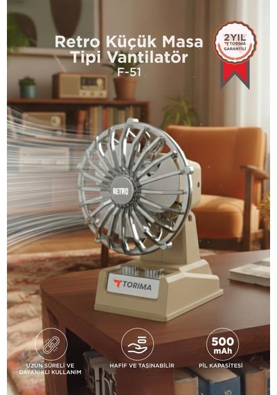 Şarjlı Masaüstü Vantilatör Retro Tasarım 500 Mah Taşınabilir Mini Masa Fanı F51 Bej