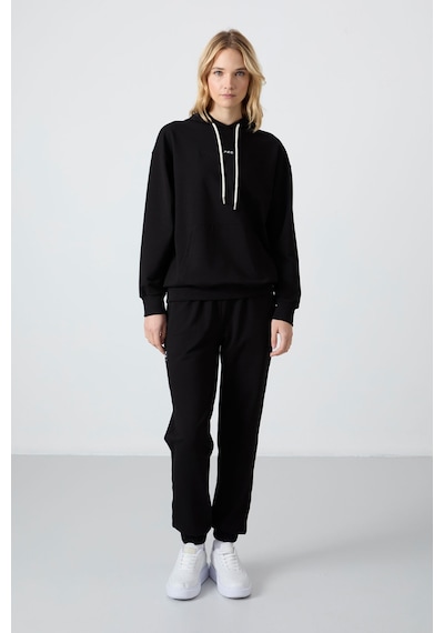 Tommy Life Siyah Kapüşonlu Kanguru Cep Oversize Lastik Paça Kadın Eşofman Takımı - 95288 Siyah