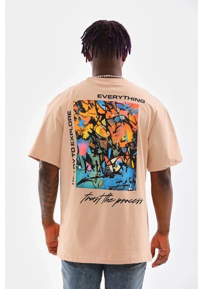 Erkek Bisiklet Yaka Baskılı Oversize T-shirt - Bej Bej