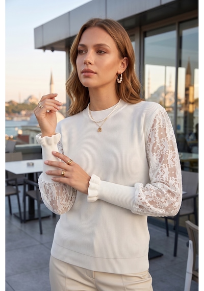 Sayzen Your Shine Kol Dantelli Basic Bisiklet Yaka Kadın Triko Kazak Beyaz