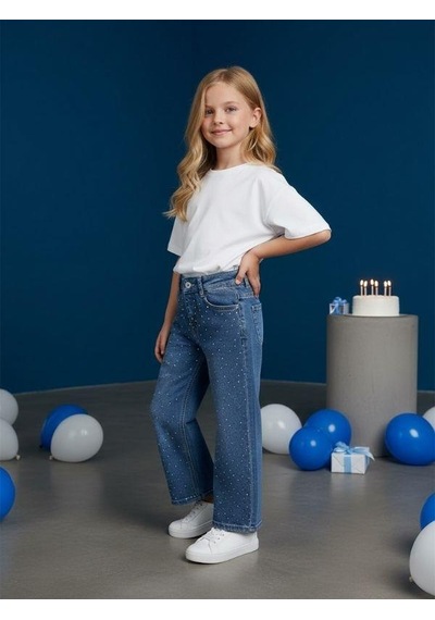 Zekids Kız Çocuk Taş İşlemeli Geniş Paçalı Mavi Kot Pantolon-16613 Mavi