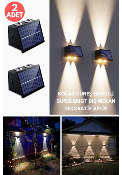 Trendpoint 2adet Solar Çift Taraflı 4ledli Aplik Sarı Işık Duvar Lamba Bahçe Aydınlatma Güneşle Şarj