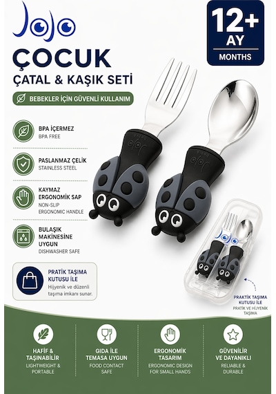 Uğurböceği Premium Çocuk Bpa'sız Silikon Saplı Paslanmaz Çelik Uçlu Çatal-kaşık/saklama Kutusu 9+ay