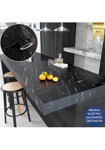 Technosmart 60x300cm Mat Mermer Desenli Kendinden Yapışkanlı Duvar Kağıdı Kaplama Mutfak Masa Folyo Siyah
