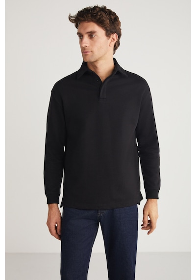 Grımelange JOHN Erkek Polo Sweat Gömlek Yakalı Arkası Uzun Yırtmaçlı Diagonel Kumaşlı Siyah Sweatshirt