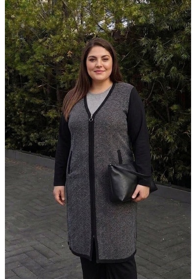 Onno Style Women Desenli Çelik Örgü Triko Uzun Kadın Ceket Siyah