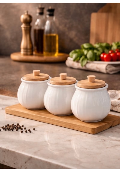 3 Lü Bambu Standlı Porselen Baharatlık Set Baharat Saklama Kavanoz Takımı Diğer