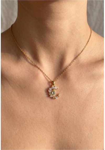 Işıltılı Taşlı Moon Floral Kolye Altın