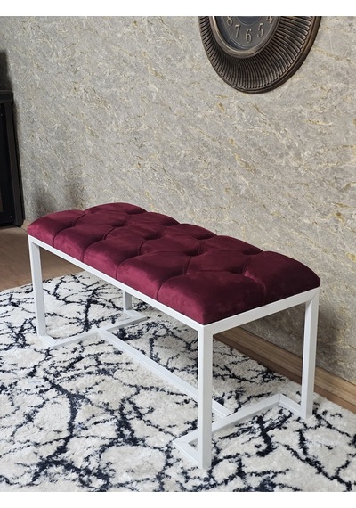 Zafir Beyaz Boyalı - L - Ayaklı 100 Cm X 38 Cm Oturak - Bench - Makyaj Taburesi - Makyaj Oturak Bordo