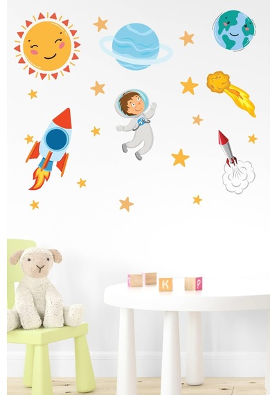MSticker Sevimli Astronot, Uzay Mekiği, Güneş, Yıldızlar Gezegen Sticker Seti Çocuk Bebek Odası