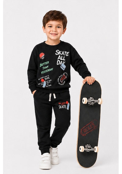 Ahengim Erkek Çocuk Kaykay Baskılı Sweatshirt Eşofman Altı 2 Li Takım 1-4 Yaş Ak115 Siyah