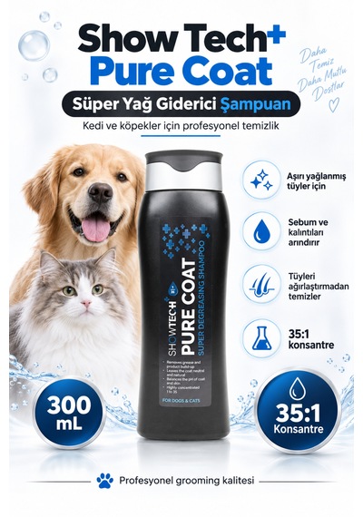 Showtech Pure Coat Yağ Giderici Kedi Köpek Şampuanı 300 Ml - 35:1 Konsantre İle Arındırıcı Şampuan