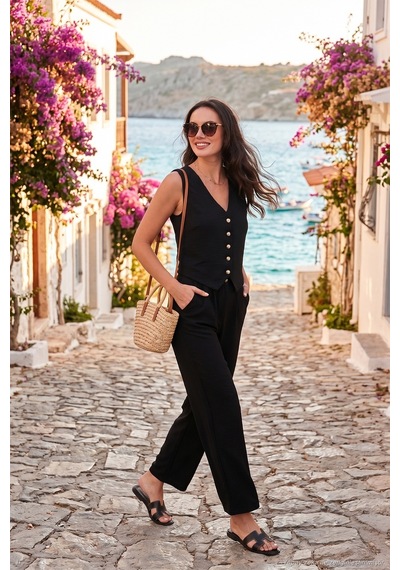 Lela Regular Fit Bol Paça Yelekli Bayan Takım 67045162S4 Siyah