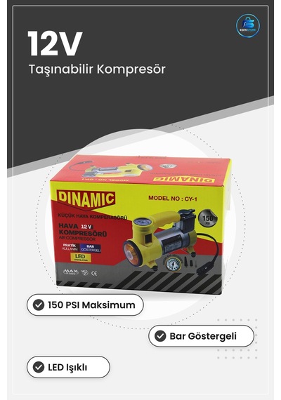 Araç Kompresörü 12v 150 Psı Bar Göstergeli Led Işıklı Taşınabilir