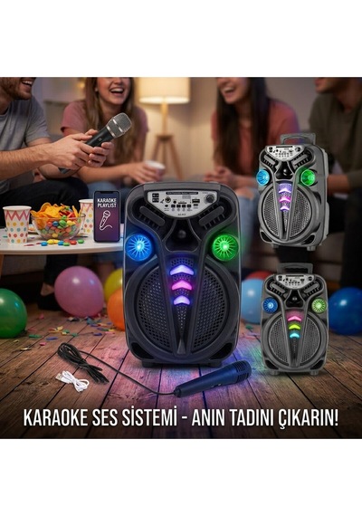 Ao-835-832 Karaoke Mikrofonlu Wireless Hoparlör - Speaker Işıklı Usb Şarjlı Dc 5v - Tf - Aux 8 Inc I