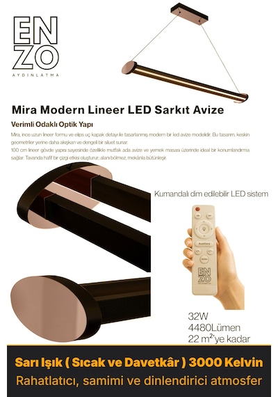 Mira Rose Gold Lineer Led Sarkıt Avize Kumandalı Dim Edilebilir Aşağı Işık Sarı Işık