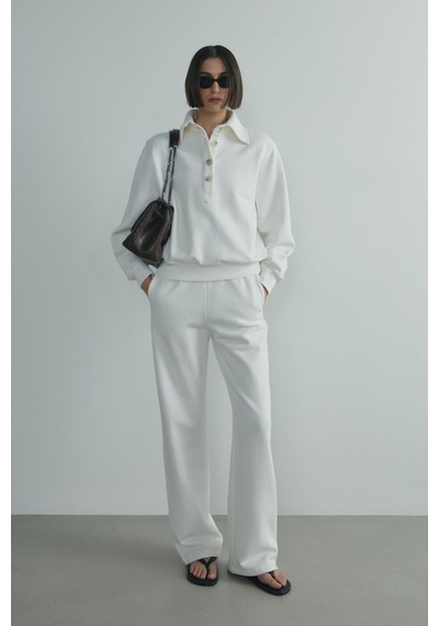 Suud Collection Ekru Polo Yaka Düğmeli Sweatshirt