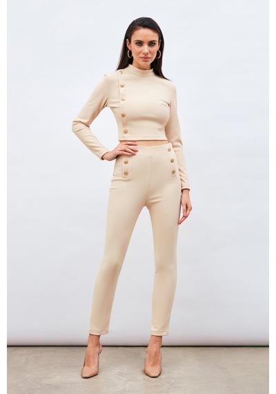 Sateen Düğme Detaylı Pantolon - Bej-132976 Bej