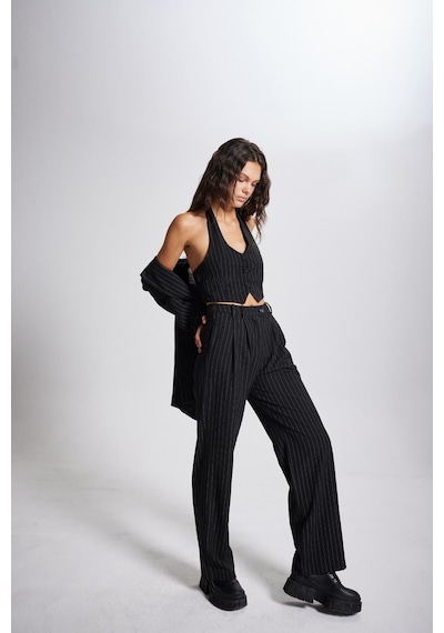 Holly Lolly Yüksek Bel Kumaş Striped Pantolon Siyah