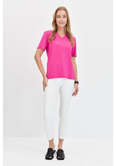 Kadın V Yaka Flamlı Kumaş Basic Tshirt Fuşya Fuşya