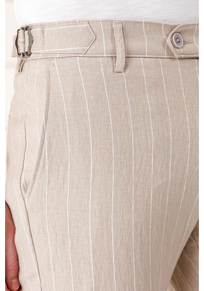 Efor Comfort Fit Yandan Tokalı Çizgili Keten Casual Bej Pantolon P 1151 Bej
