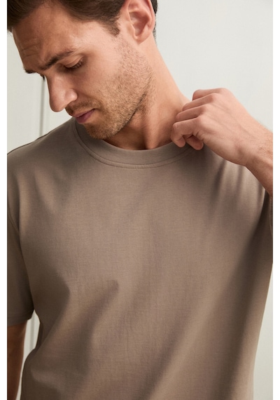 Grimelange Solo Erkek %100 Organik Pamuklu Kalın Dokulu Comfort Fit Bisiklet Yakalı Vizon T-shirt Vizon