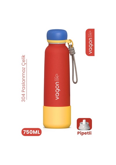 750 Ml Pipetli Sızdırmaz Paslanmaz Çelik Termos Matara El Askılı Bpa İçermez 750ml 1106ff Kırmızı