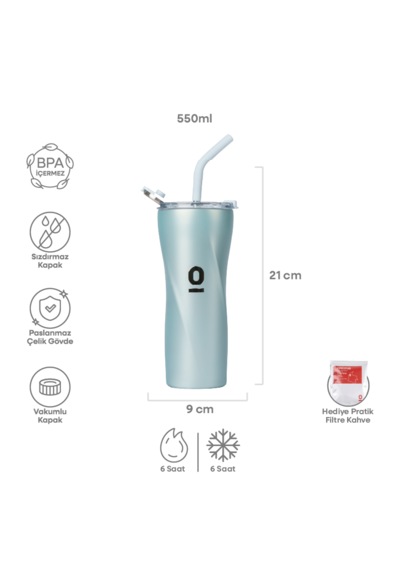 Paslanmaz Çelik Mint Metalik Tumbler Termos 550 Ml Pipetli Vakumlu Kapaklı No:136